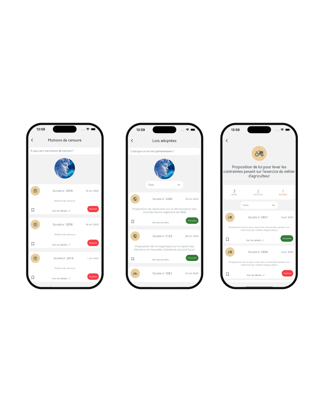 Interface ÉluScope : propositions de loi, scrutins et votes